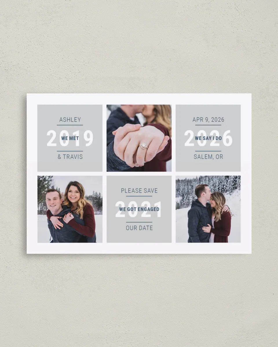 This is a 4" x 5.6" Save the Date Postcard called Sweet Snapshots printed in full color on Soft Touch Finish paper