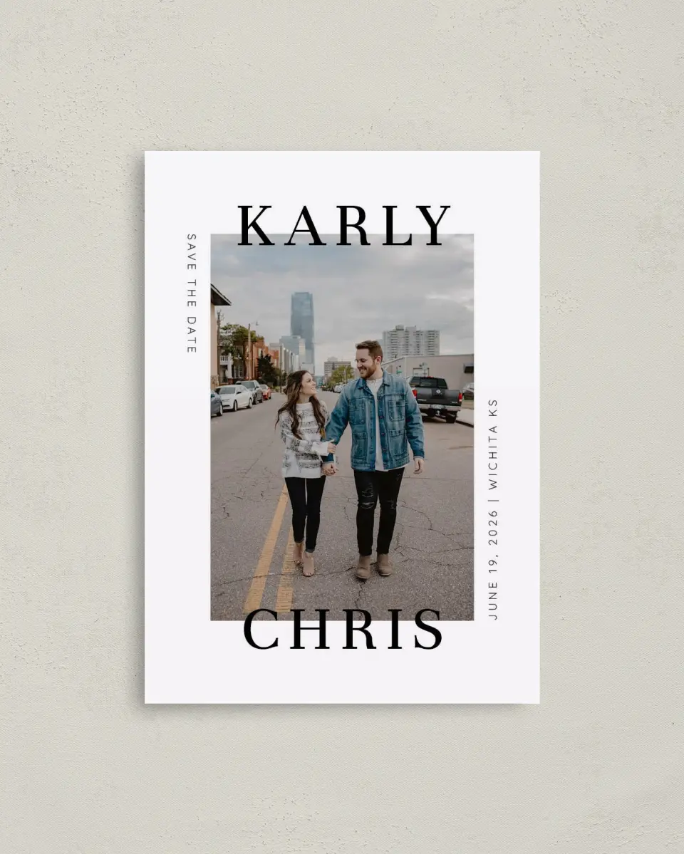 This is a 4" x 5.6" Save the Date Postcard called Modern Love Box printed in full color on Soft Touch Finish paper