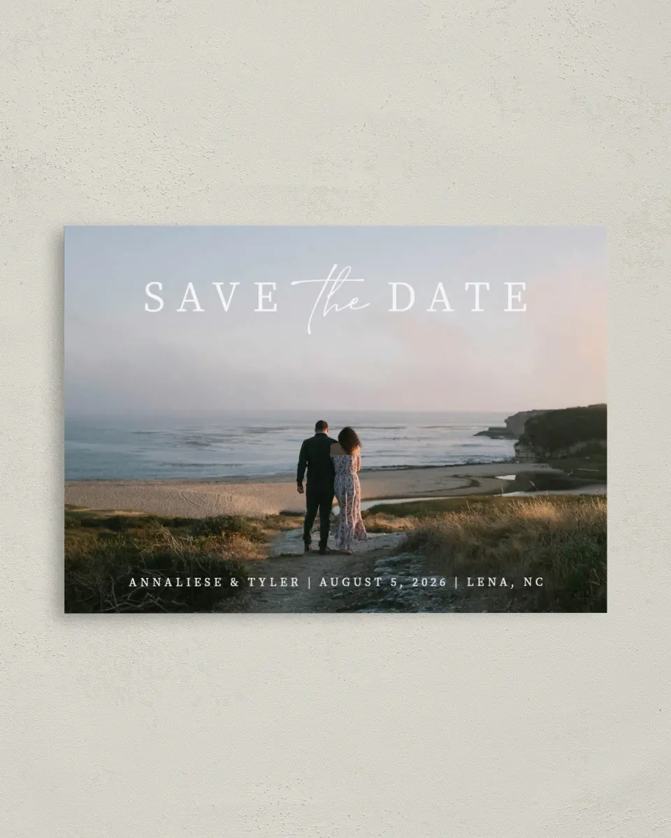 This is a 4" x 5.6" Save the Date Postcard called Simply Swooning printed in full color on Soft Touch Finish paper
