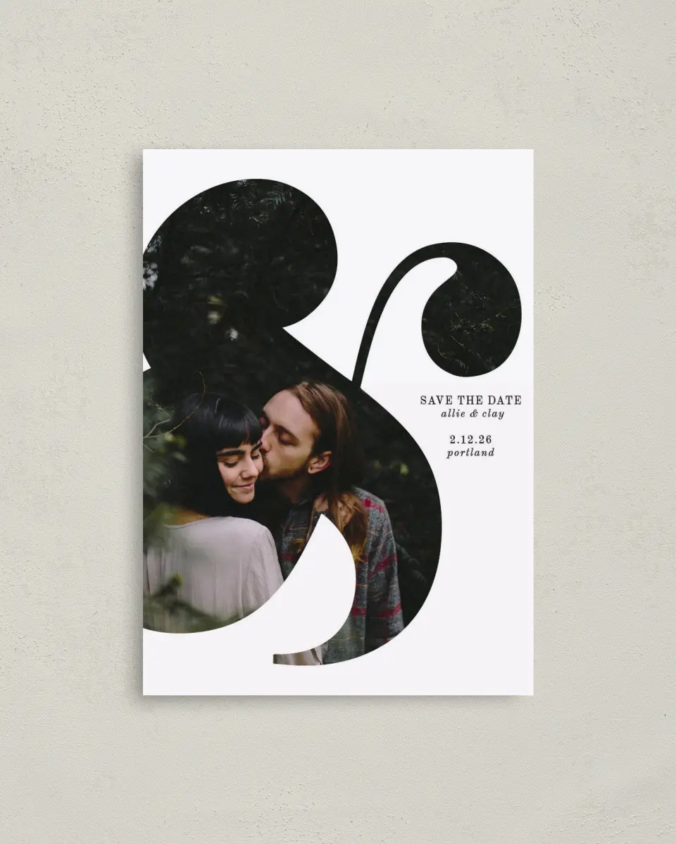 This is a 4" x 5.6" Save the Date Postcard called Bold Ampersand printed in full color on Soft Touch Finish paper