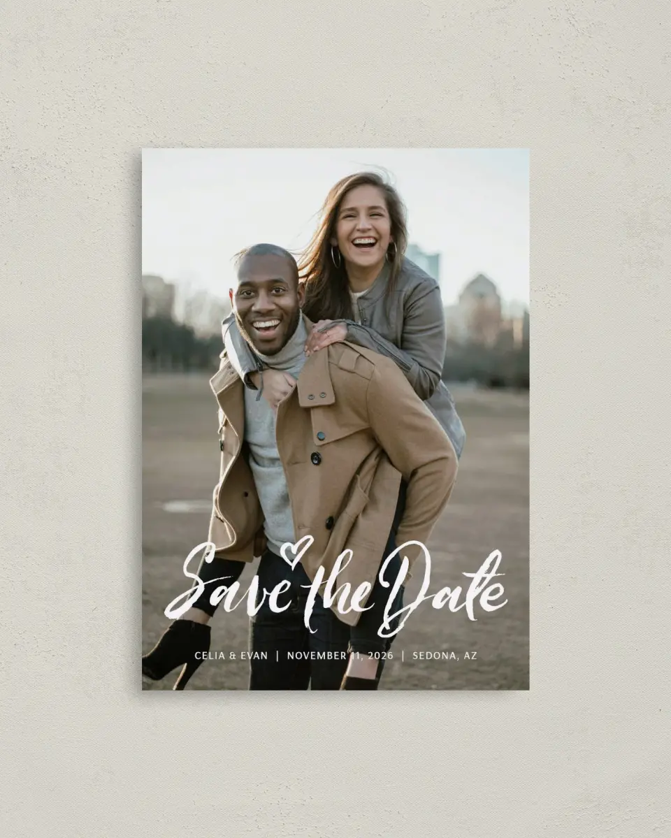 This is a 4" x 5.6" Save the Date Postcard called Celebrate Love printed in full color on Soft Touch Finish paper
