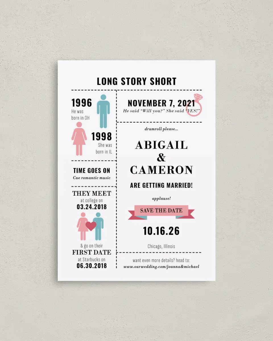 This is a 4" x 5.6" Save the Date Postcard called Our Story printed in full color with Rose Gold foil on Soft Touch Finish paper