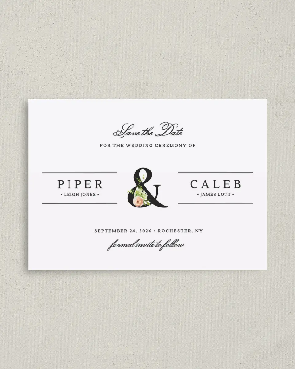 This is a 4" x 5.6" Save the Date Postcard called Elegant Unity printed in full color on Soft Touch Finish paper