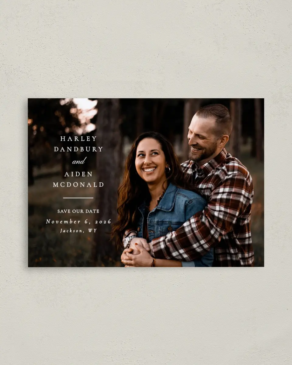 This is a 4" x 5.6" Save the Date Postcard called Grounded in Love printed in full color on Soft Touch Finish paper