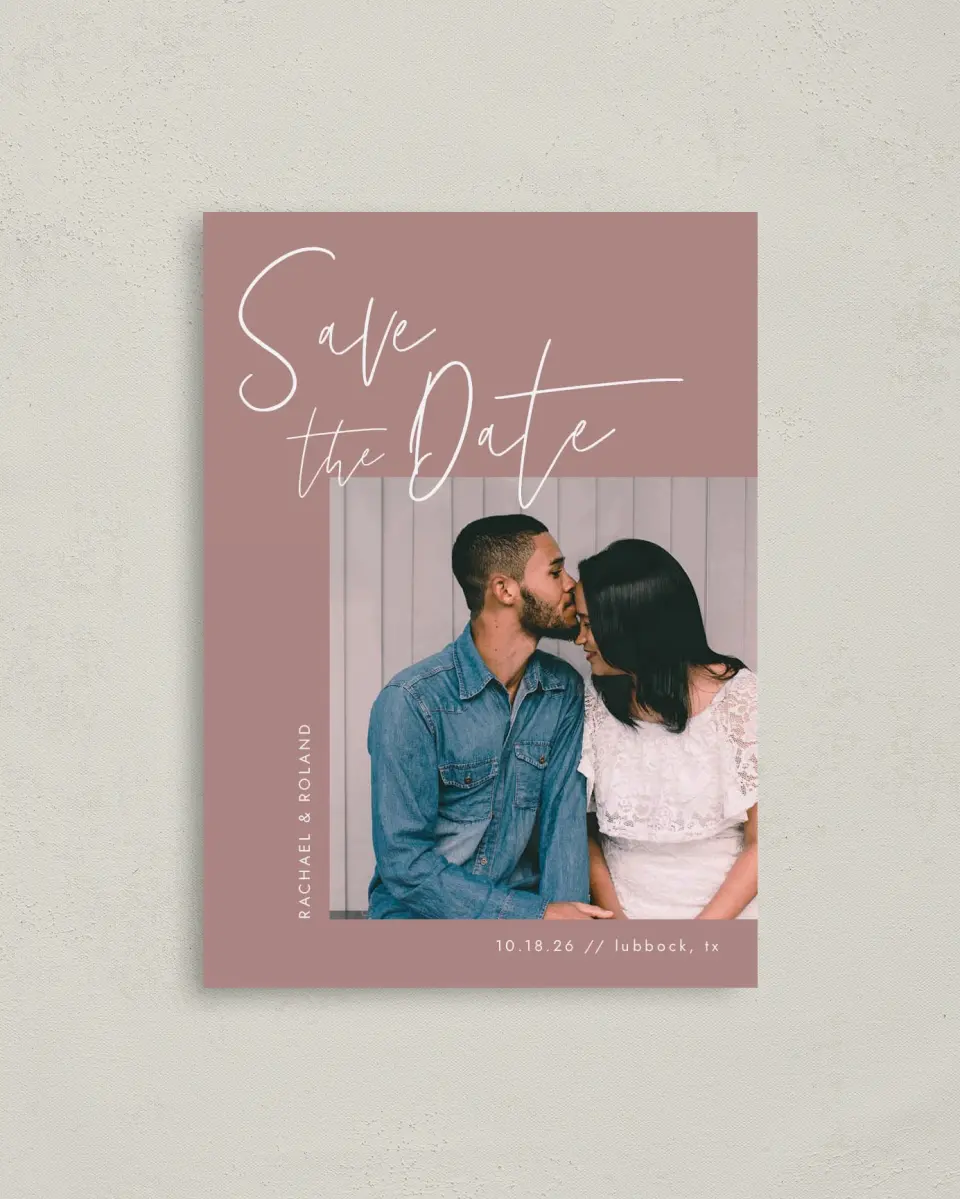This is a 4" x 5.6" Save the Date Postcard called Stylish Script printed in full color on Soft Touch Finish paper