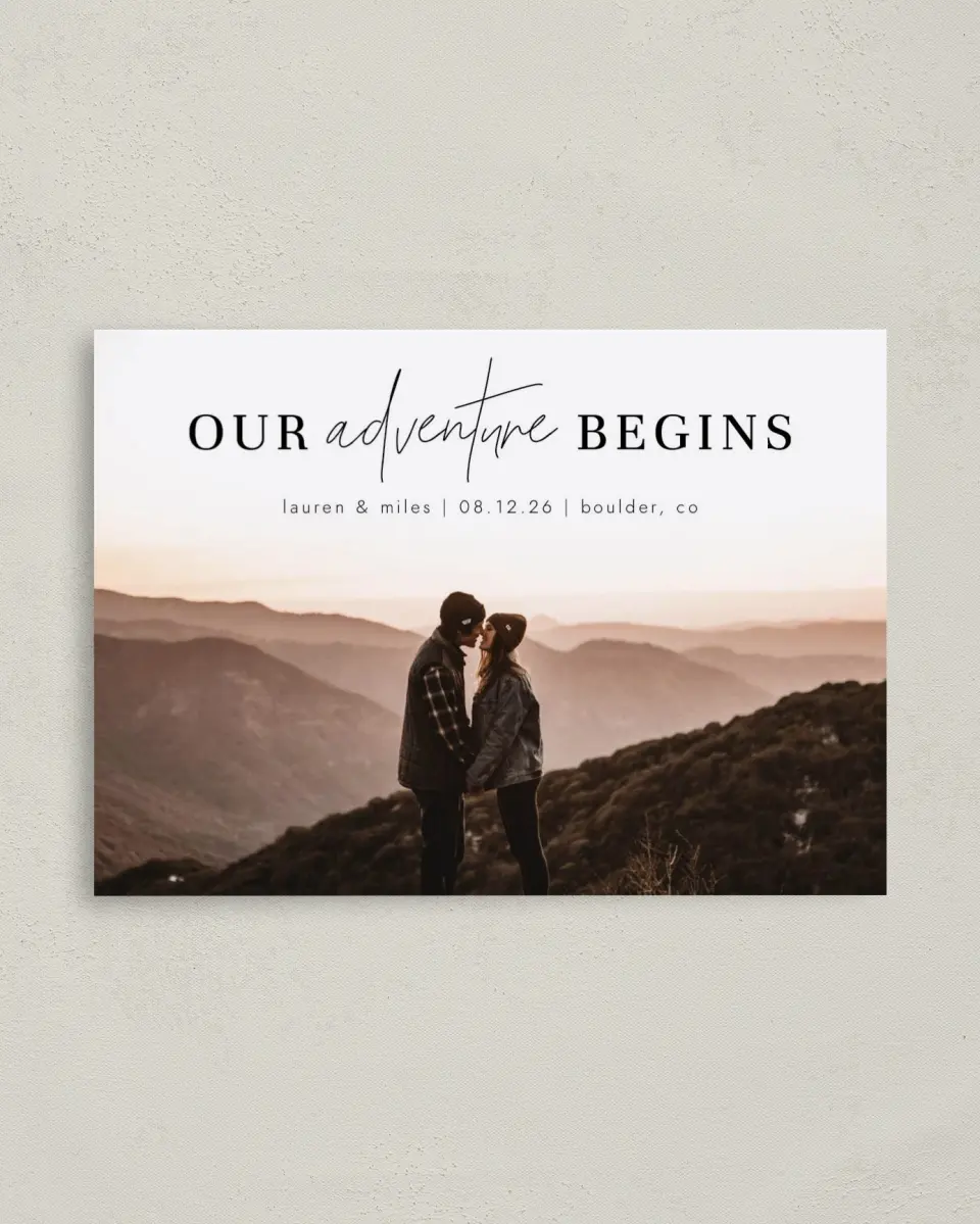 This is a 4" x 5.6" Save the Date Postcard called Our Adventure printed in full color on Soft Touch Finish paper