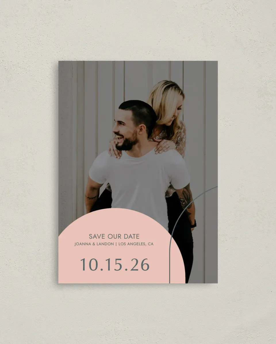This is a 4" x 5.6" Save the Date Postcard called Mod Shapes printed in full color on Soft Touch Finish paper