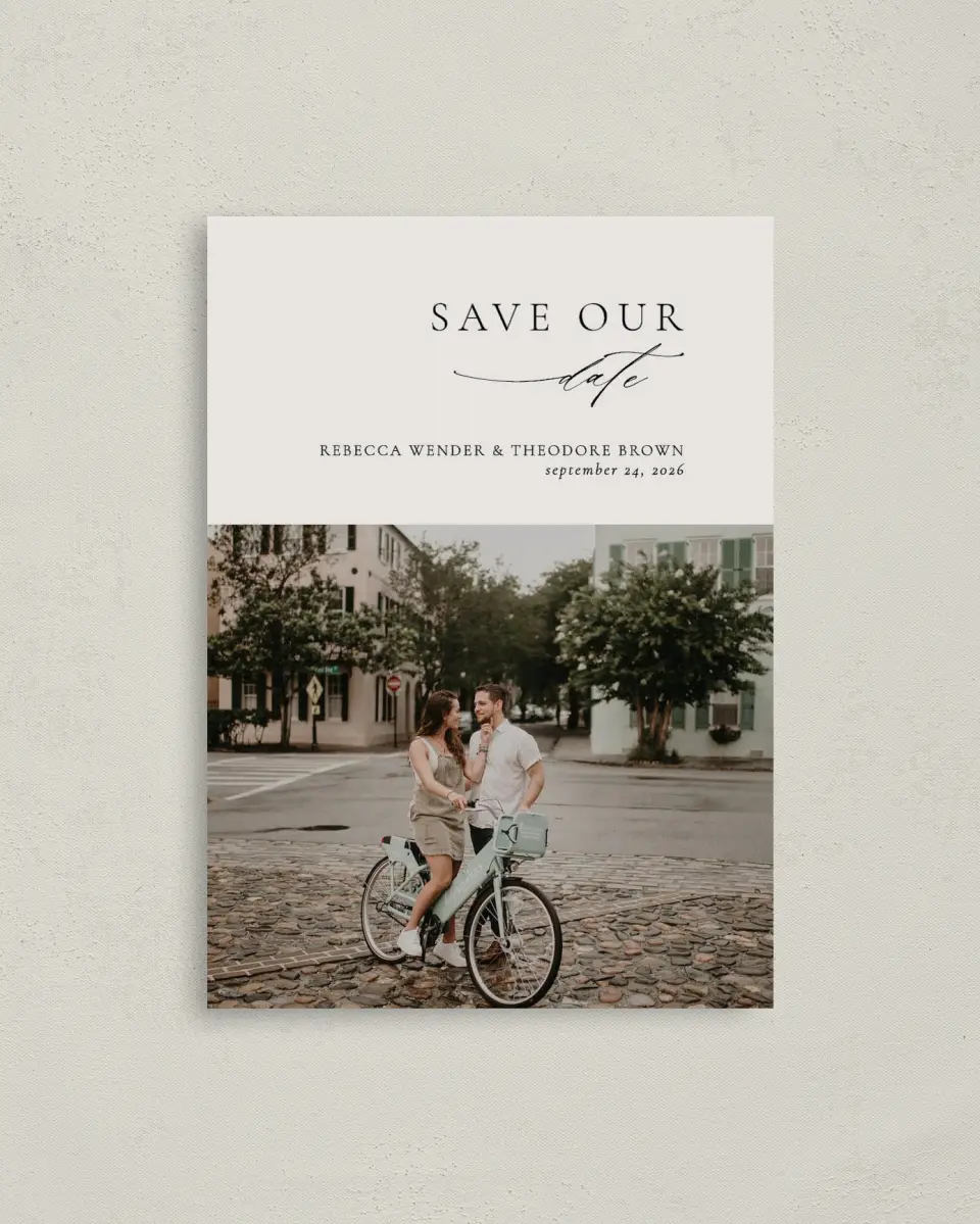 This is a 4" x 5.6" Save the Date Postcard called Simply Elegant printed in full color on Soft Touch Finish paper
