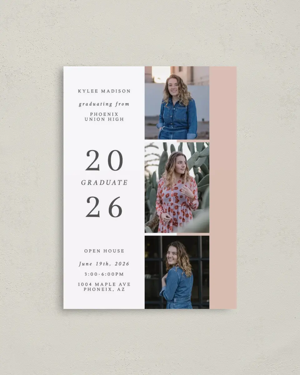 This is a 4" x 5.6" Graduation Announcement Postcard called Stacked Grad printed in full color on Soft Touch Finish paper