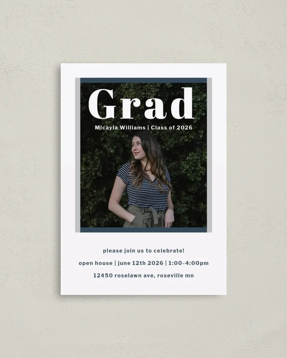 This is a 4" x 5.6" Graduation Announcement Postcard called Huge Deal printed in full color on Soft Touch Finish paper