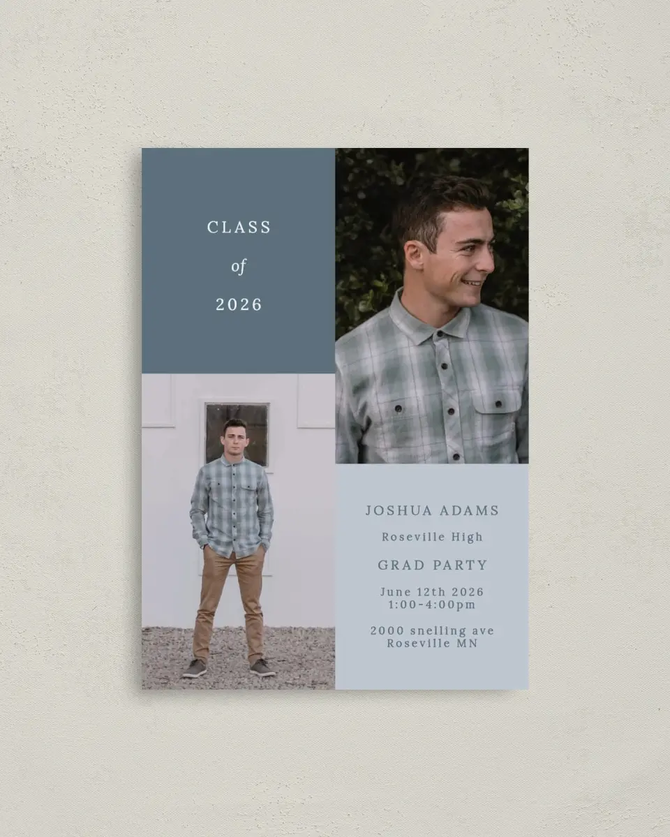 This is a 4" x 5.6" Graduation Announcement Postcard called Quiet Quad printed in full color on Soft Touch Finish paper