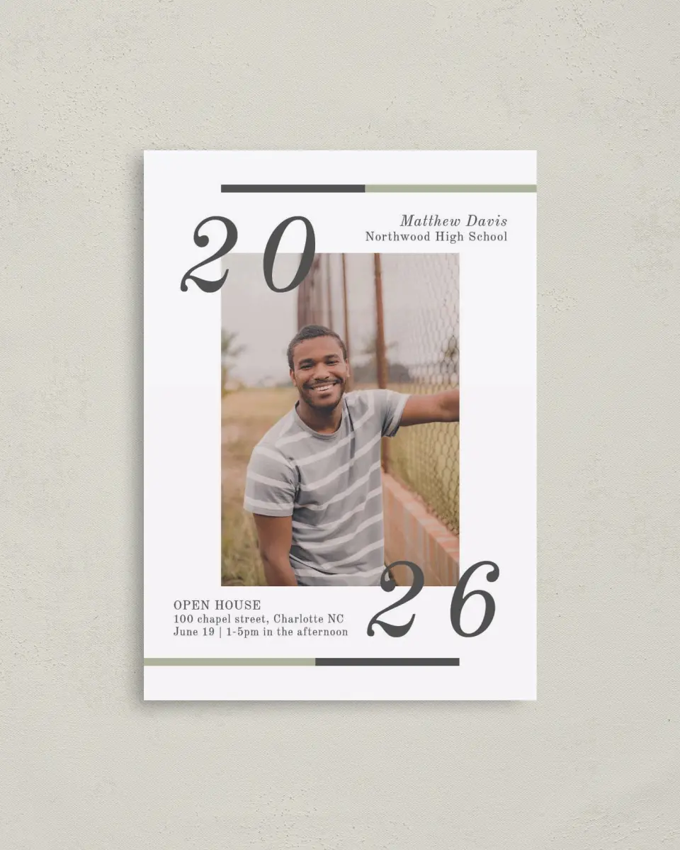 This is a 4" x 5.6" Graduation Announcement Postcard called Raising the Bar printed in full color on Soft Touch Finish paper