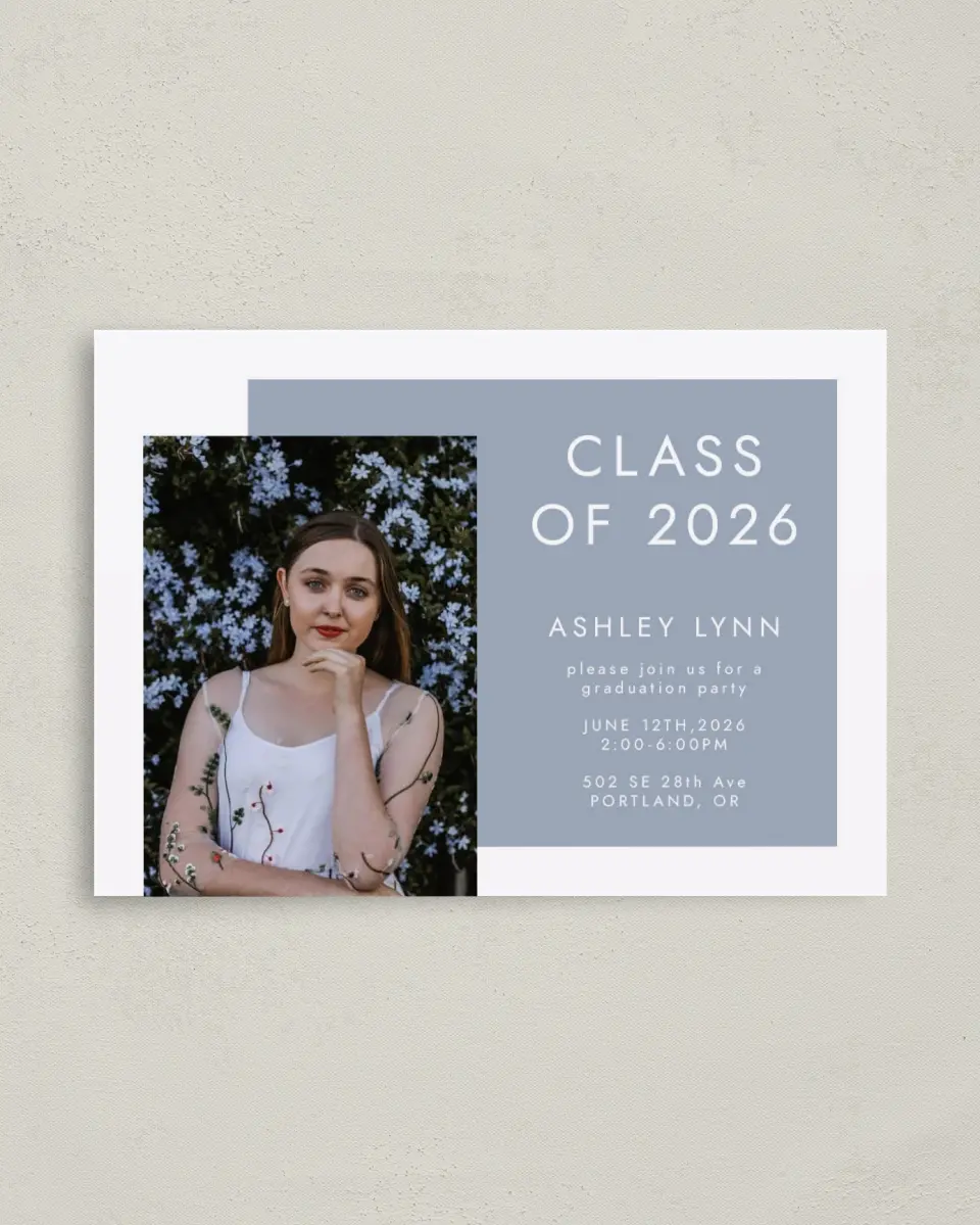 This is a 4" x 5.6" Graduation Announcement Postcard called Expansive Year printed in full color on Soft Touch Finish paper