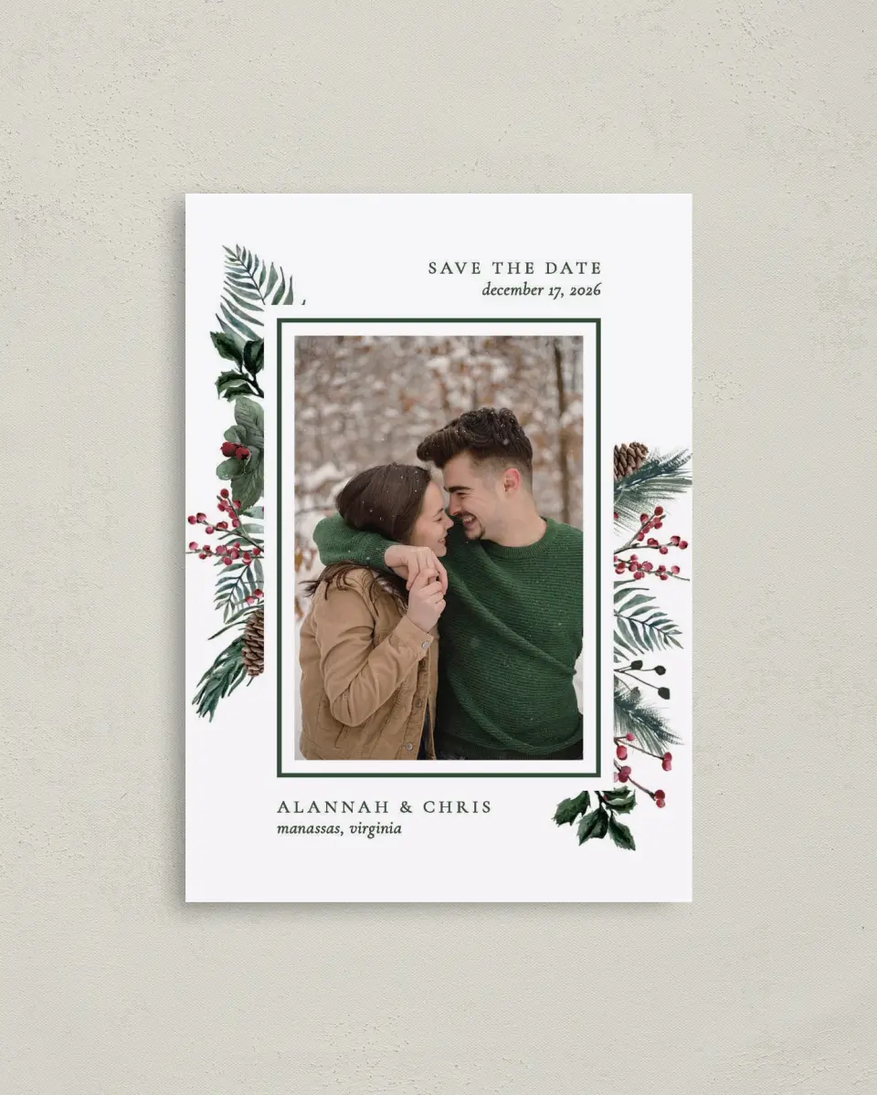 This is a 4" x 5.6" Save the Date Postcard called Festive Celebration printed in full color on Soft Touch Finish paper