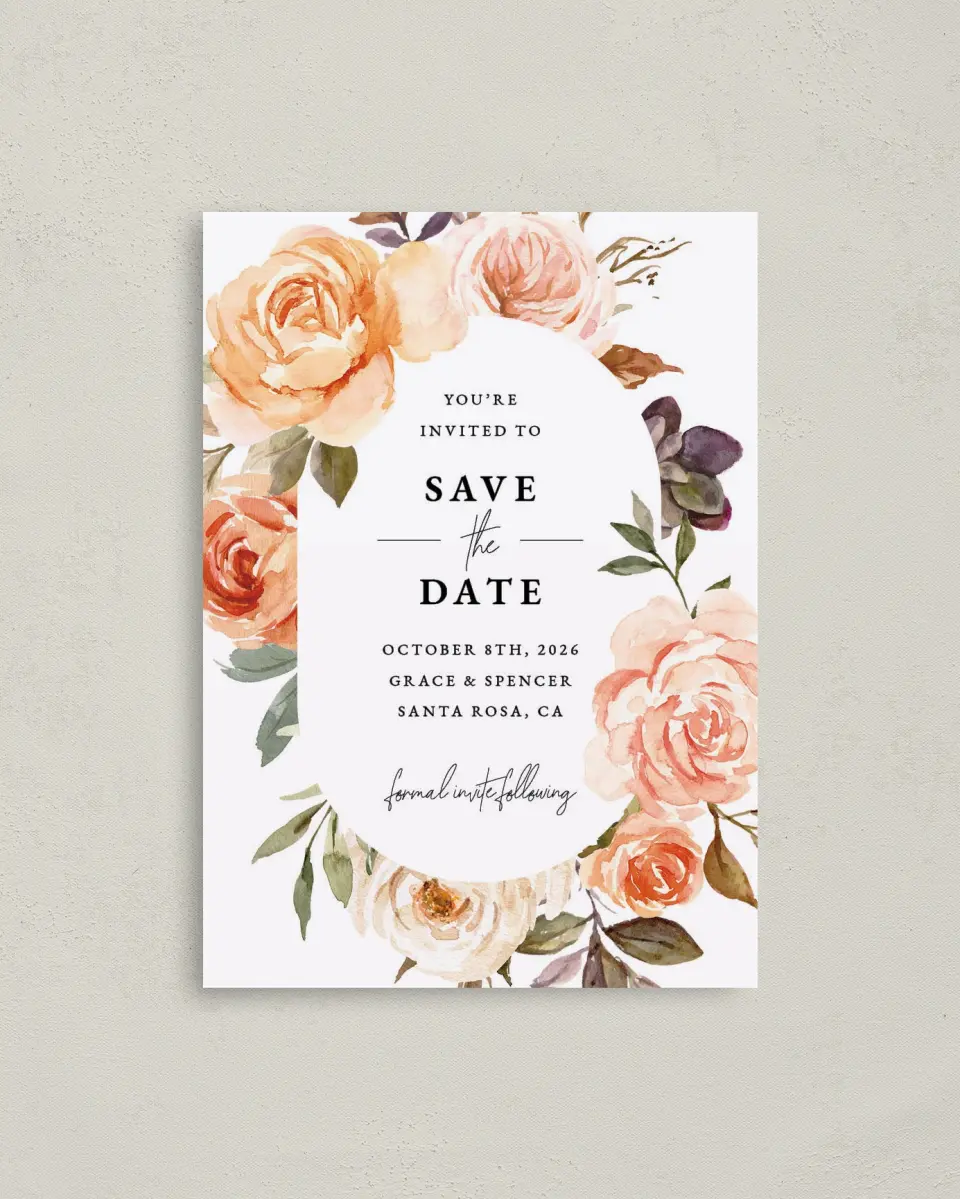 This is a 4" x 5.6" Save the Date Postcard called Romantic Garden printed in full color with Rose Gold foil on Soft Touch Finish paper