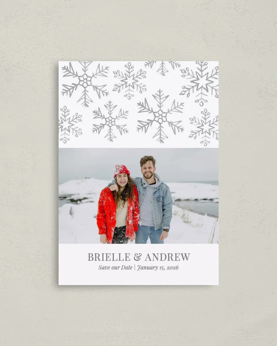 This is a 4" x 5.6" Save the Date Postcard called Sweet Snowflakes printed in full color on Soft Touch Finish paper