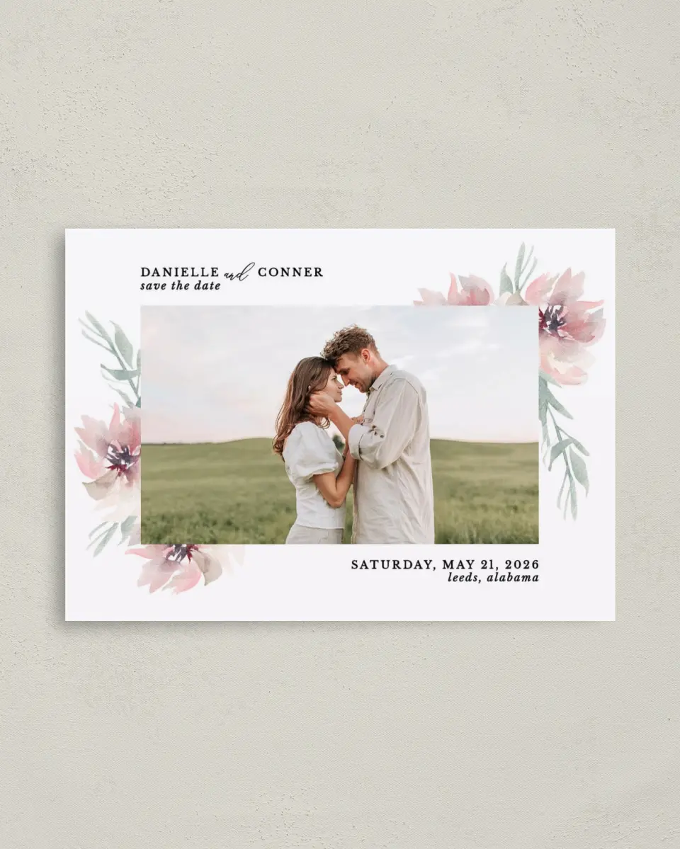 This is a 4" x 5.6" Save the Date Postcard called Soft Florals printed in full color on Soft Touch Finish paper