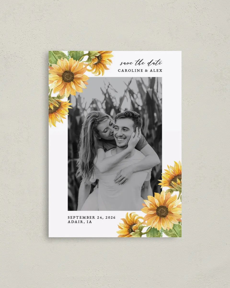 This is a 4" x 5.6" Save the Date Postcard called Sunflower Bliss printed in full color on Soft Touch Finish paper