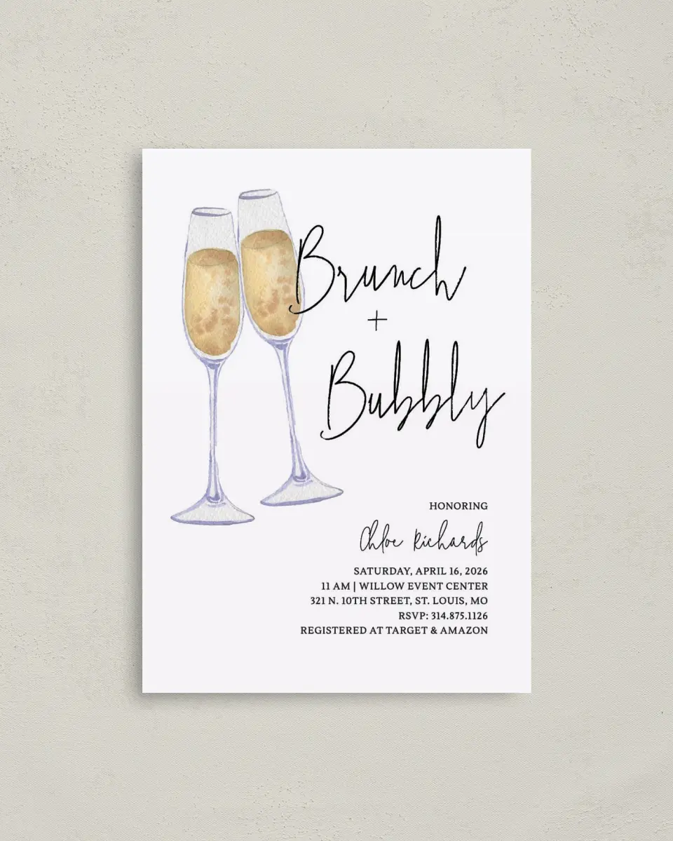 This is a 4" x 5.6" Bridal Shower Invitation Postcard called Brunch & Bubbly printed in full color with Gold foil on Soft Touch Finish paper