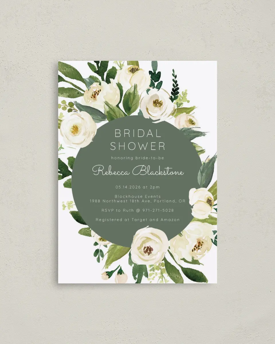 This is a 4" x 5.6" Bridal Shower Invitation Postcard called Bridal Blooms printed in full color on Soft Touch Finish paper