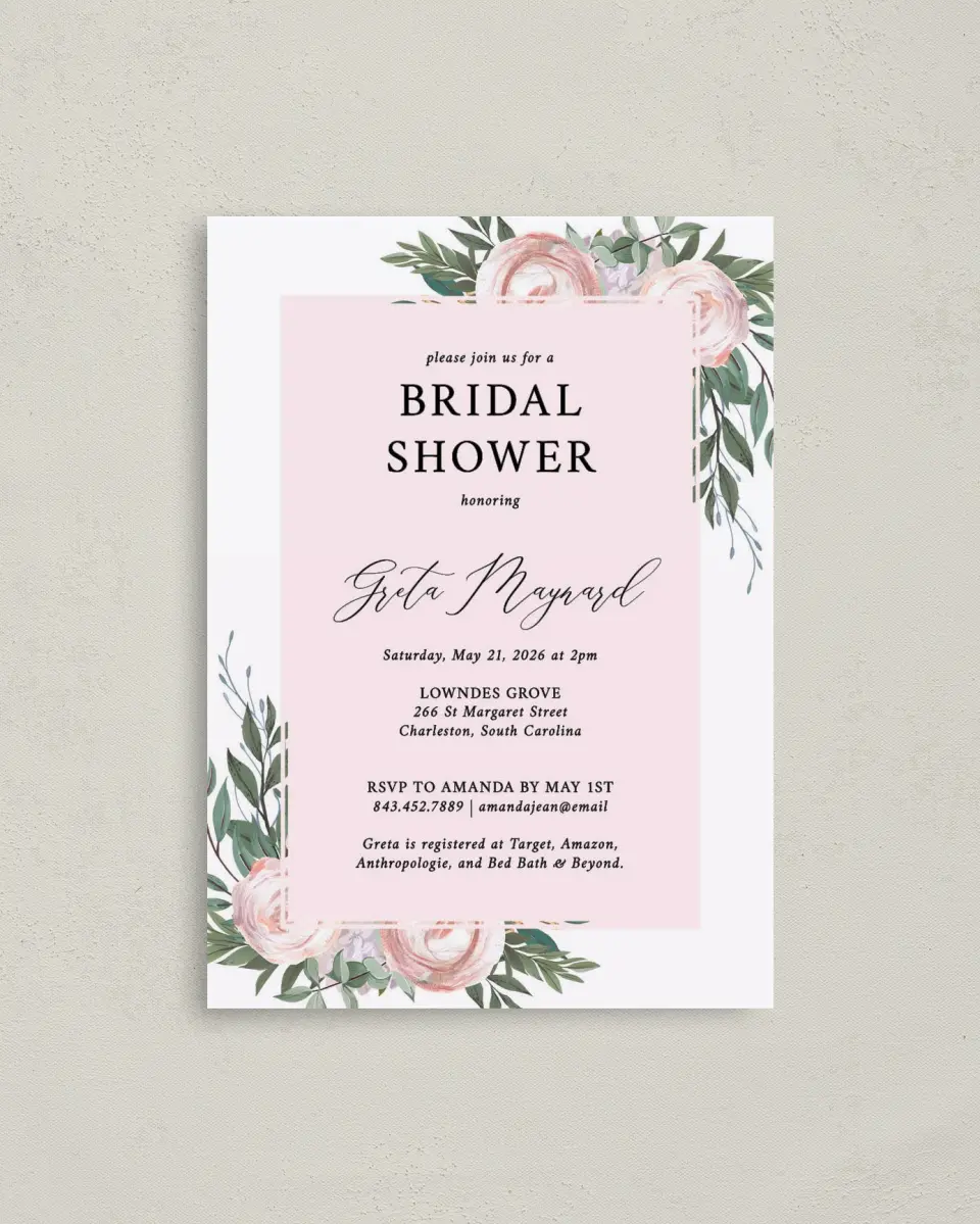 This is a 4" x 5.6" Bridal Shower Invitation Postcard called Gouache Roses printed in full color on Soft Touch Finish paper