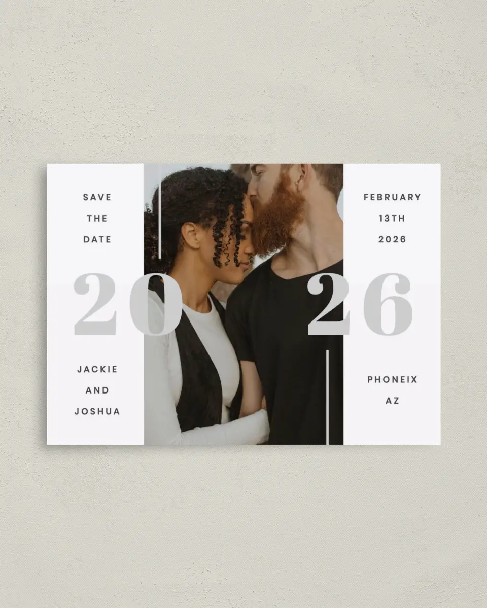 This is a 4" x 5.6" Save the Date Postcard called Expansive Love printed in full color on Soft Touch Finish paper