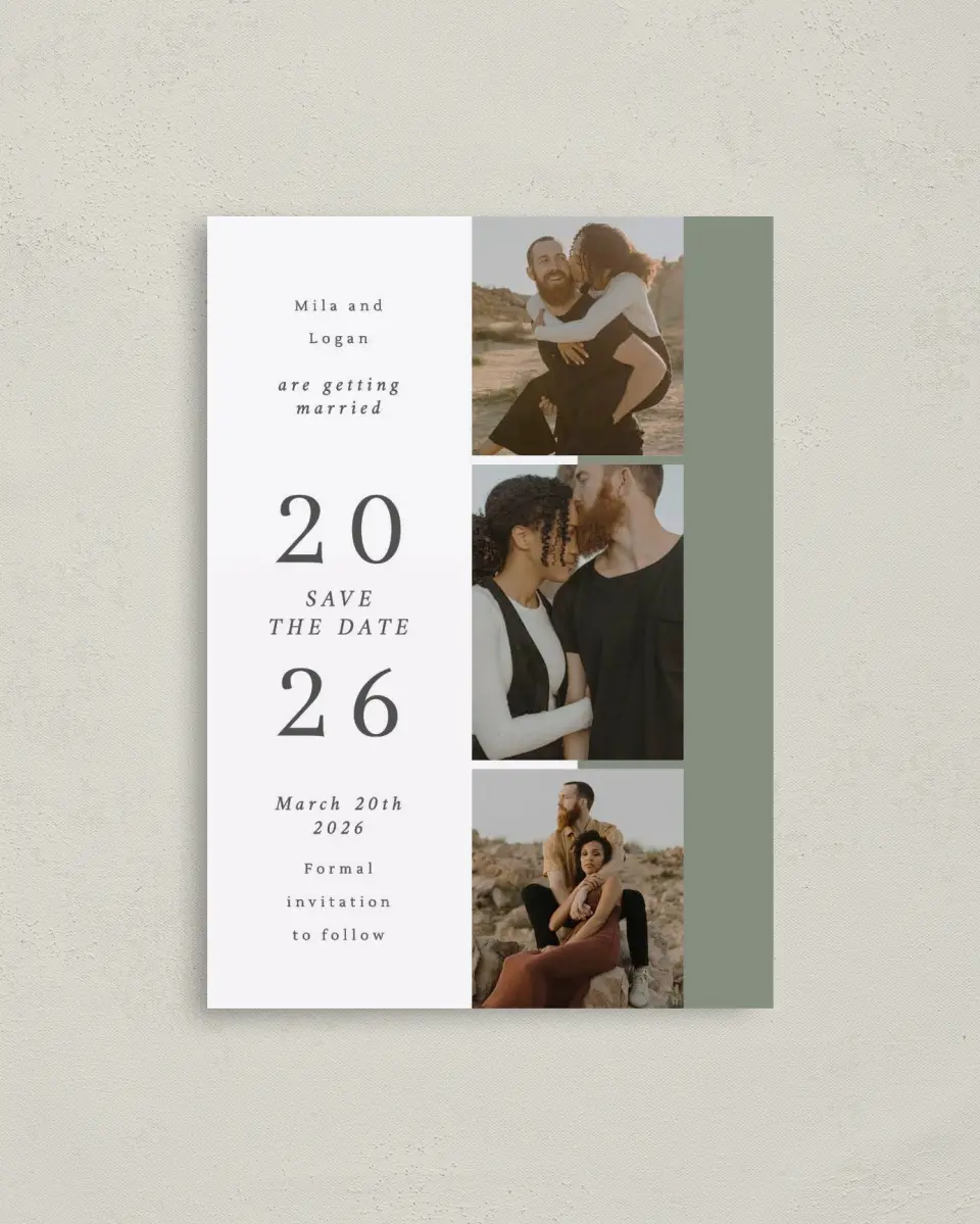 This is a 4" x 5.6" Save the Date Postcard called Stacked Hearts printed in full color with Rose Gold foil on Soft Touch Finish paper