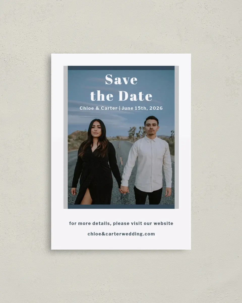 This is a 4" x 5.6" Save the Date Postcard called Huge Love printed in full color with Rose Gold foil on Soft Touch Finish paper