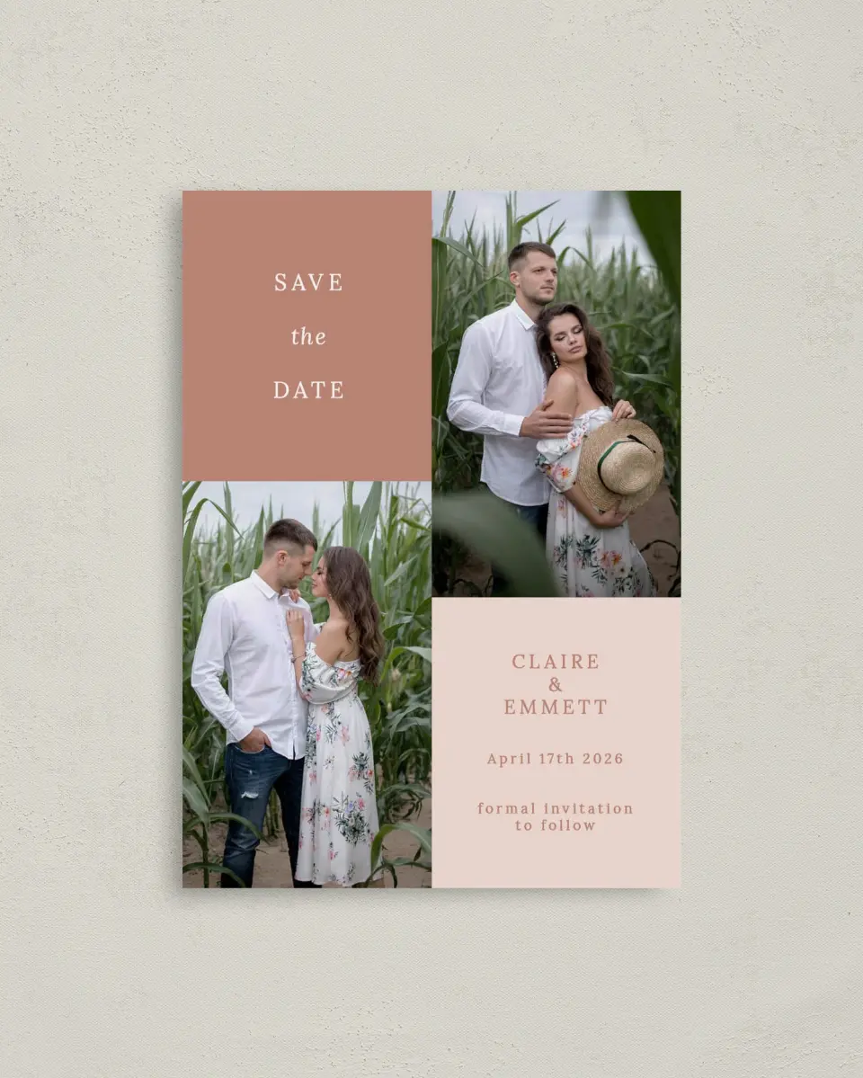 This is a 4" x 5.6" Save the Date Postcard called Quaint Quad printed in full color with Rose Gold foil on Soft Touch Finish paper