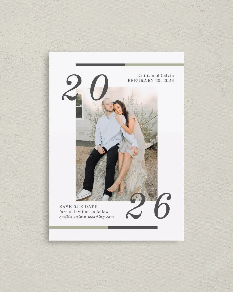 This is a 4" x 5.6" Save the Date Postcard called Bridal Bar printed in full color with Rose Gold foil on Soft Touch Finish paper
