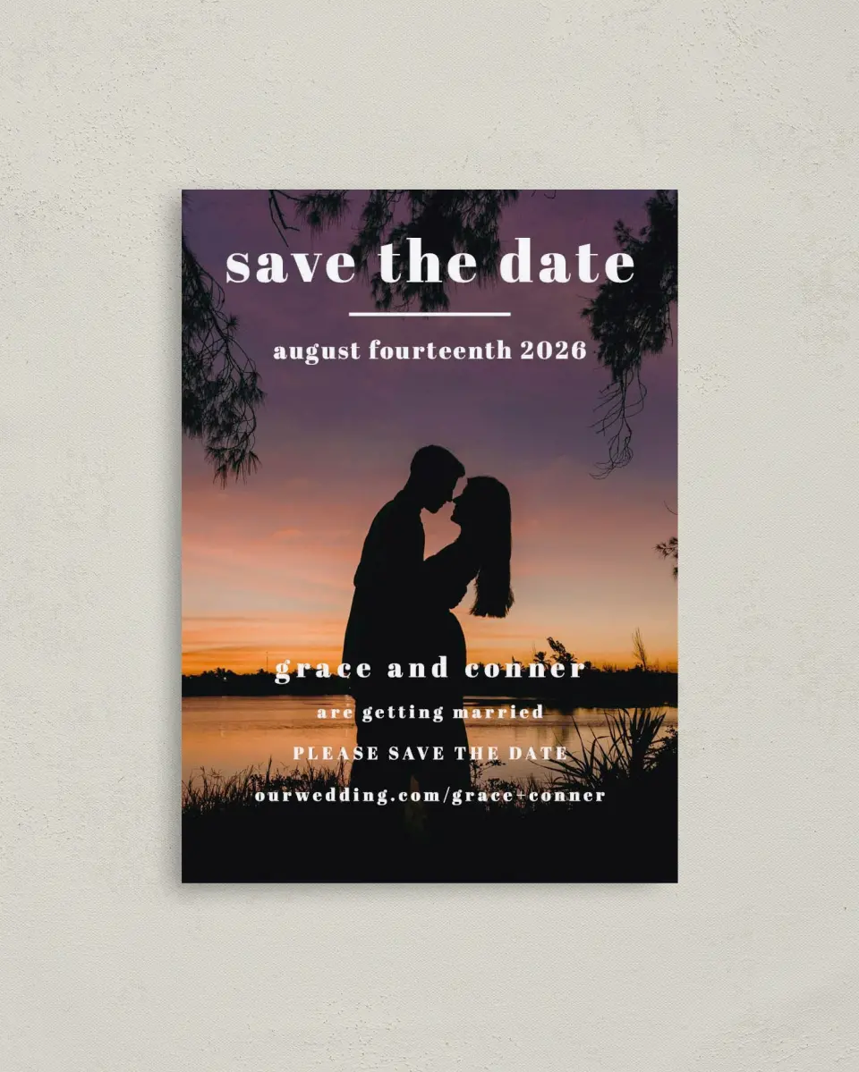 This is a 4" x 5.6" Save the Date Postcard called Lovely Occasion printed in full color with Rose Gold foil on Soft Touch Finish paper