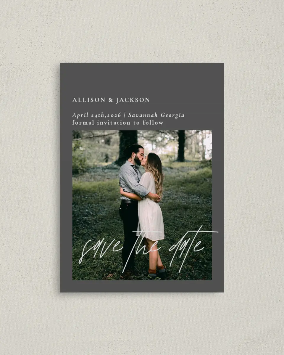 This is a 4" x 5.6" Save the Date Postcard called Featured Beloved printed in full color on Soft Touch Finish paper