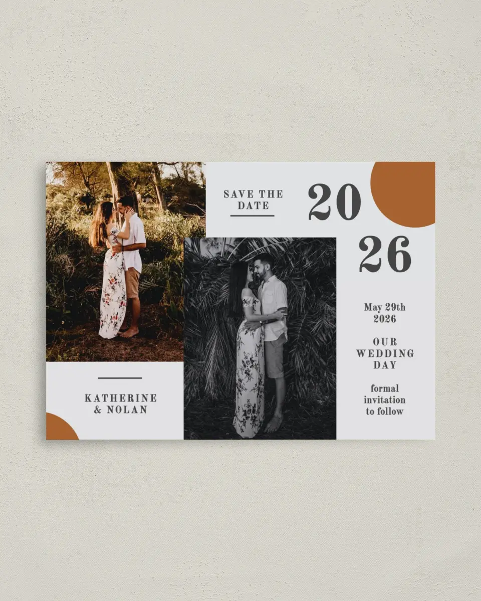 This is a 4" x 5.6" Save the Date Postcard called Glory Day printed in full color on Soft Touch Finish paper