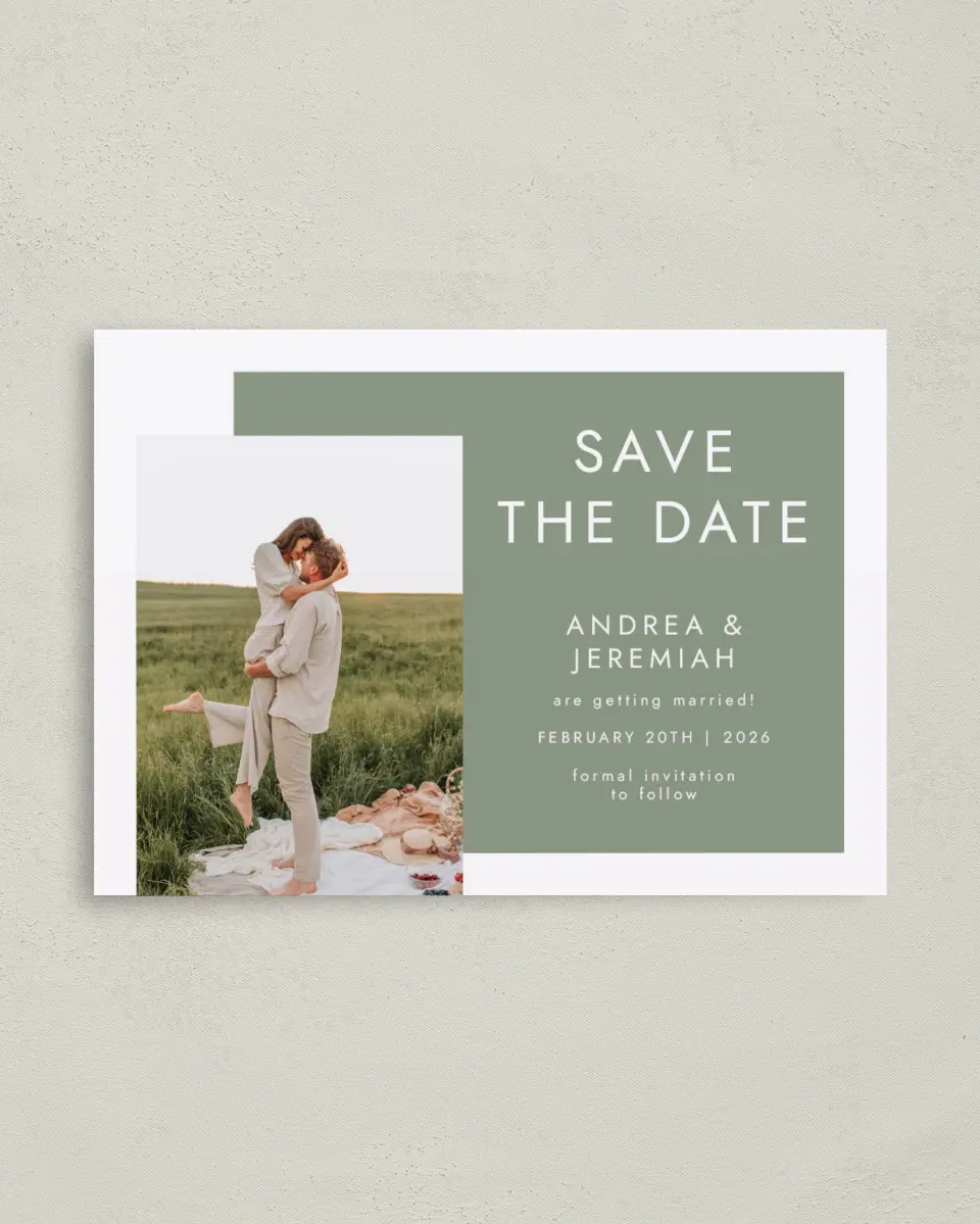 This is a 4" x 5.6" Save the Date Postcard called Boxed Beau printed in full color on Soft Touch Finish paper