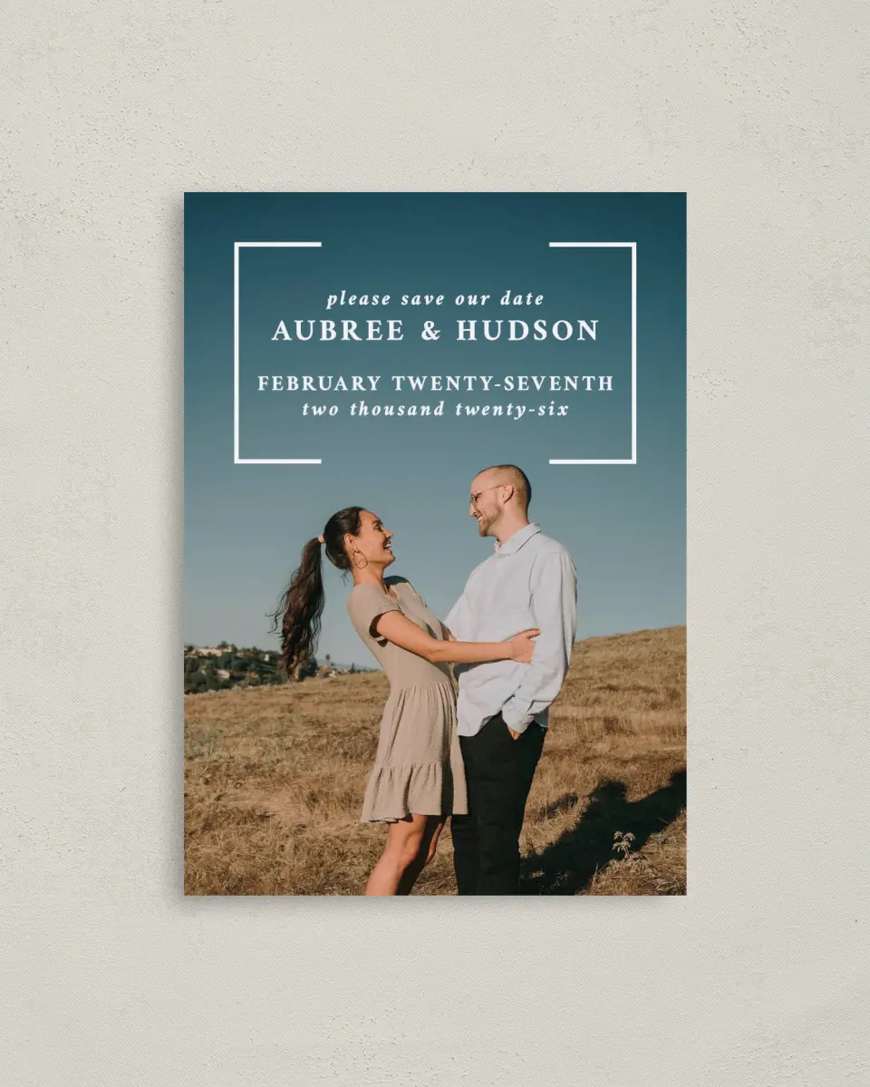 This is a 4" x 5.6" Save the Date Postcard called Bright Brace printed in full color on Soft Touch Finish paper