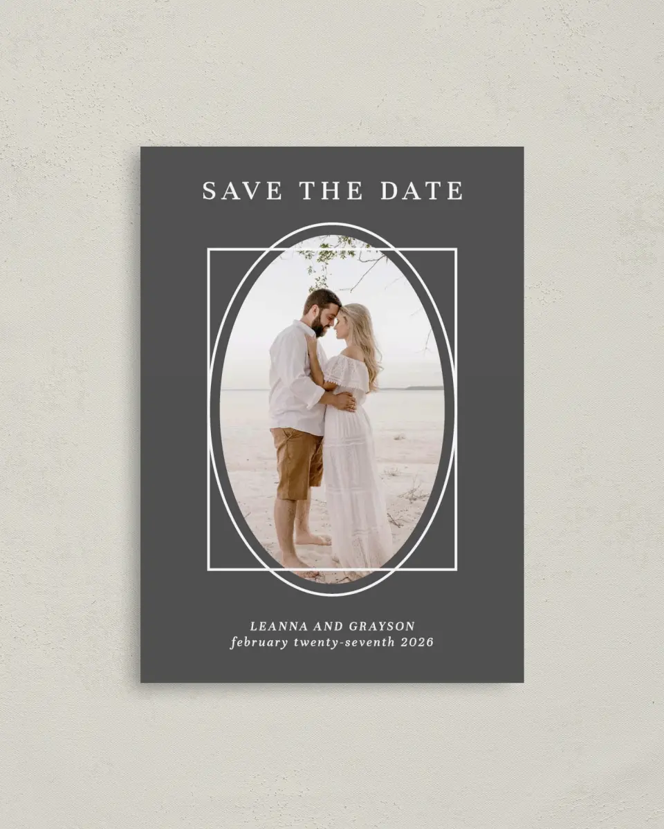 This is a 4" x 5.6" Save the Date Postcard called Graphic Enclosure printed in full color on Soft Touch Finish paper