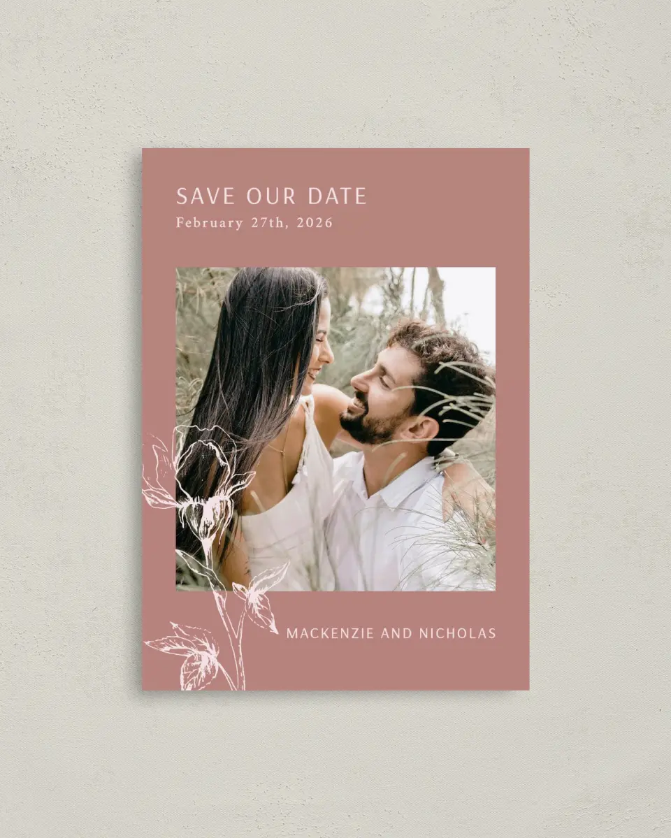 This is a 4" x 5.6" Save the Date Postcard called Blooming Bud printed in full color on Soft Touch Finish paper