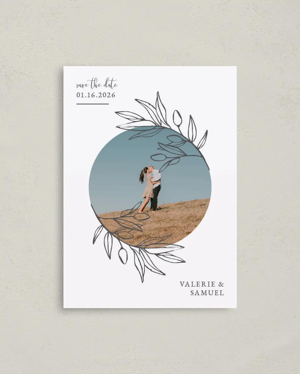 This is a 4" x 5.6" Save the Date Postcard called Branch Sketch printed in full color on Soft Touch Finish paper
