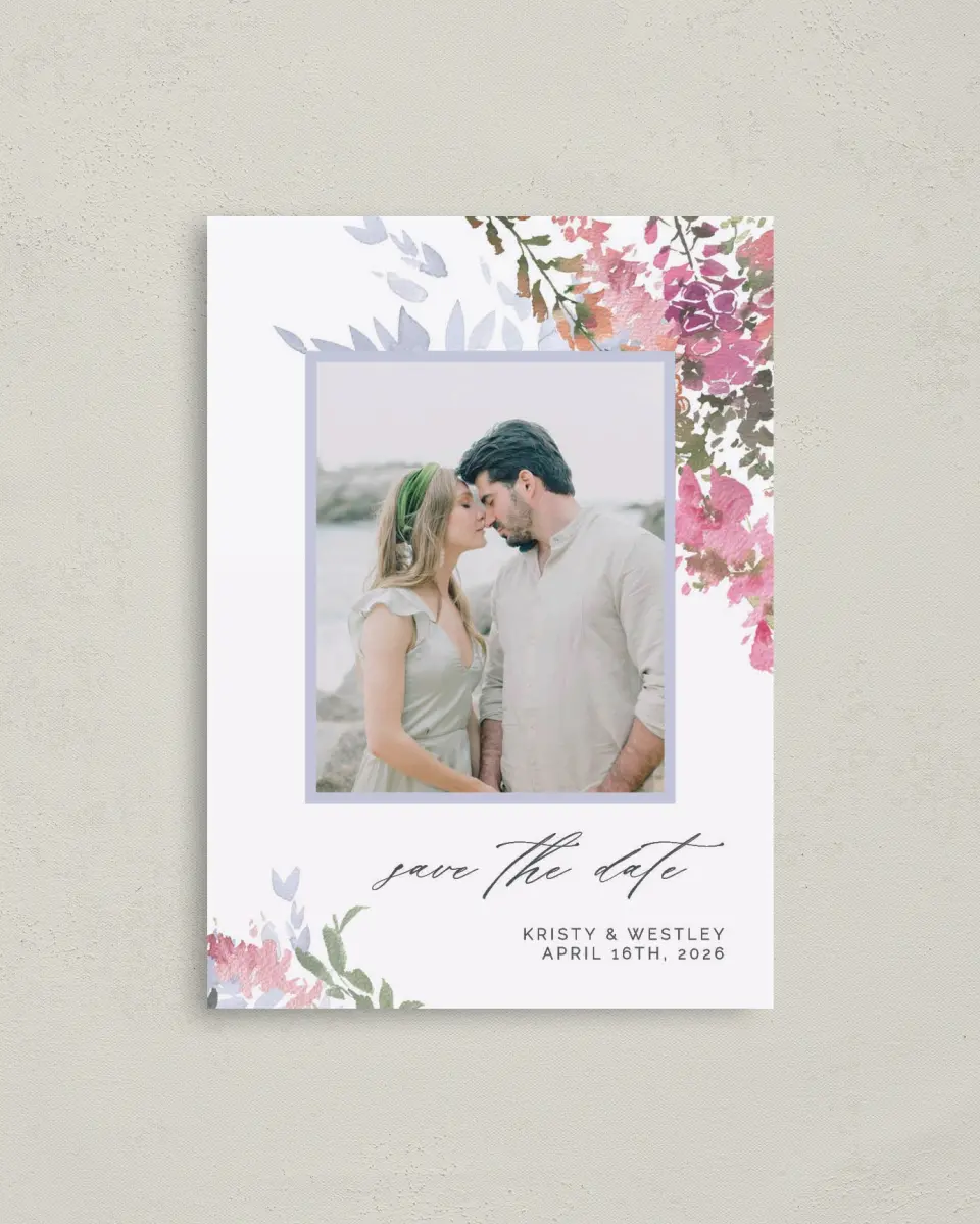 This is a 4" x 5.6" Save the Date Postcard called Blushing Bouquet printed in full color on Soft Touch Finish paper