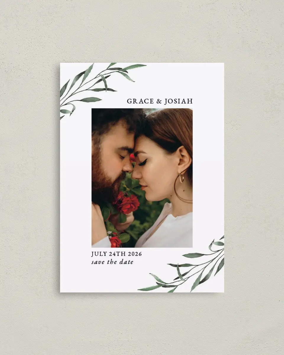 This is a 4" x 5.6" Save the Date Postcard called Tender Twig printed in full color on Soft Touch Finish paper