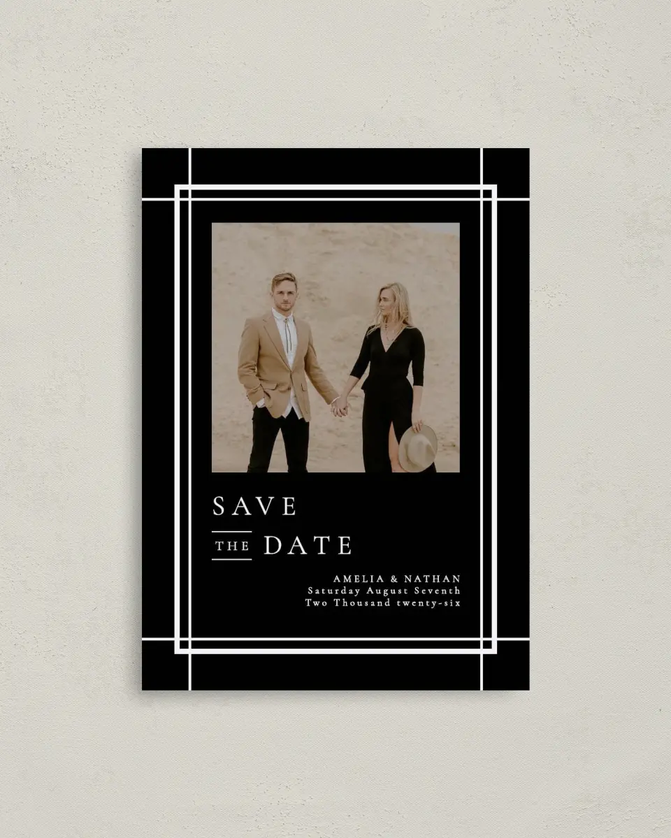 This is a 4" x 5.6" Save the Date Postcard called Modern Trim printed in full color on Soft Touch Finish paper