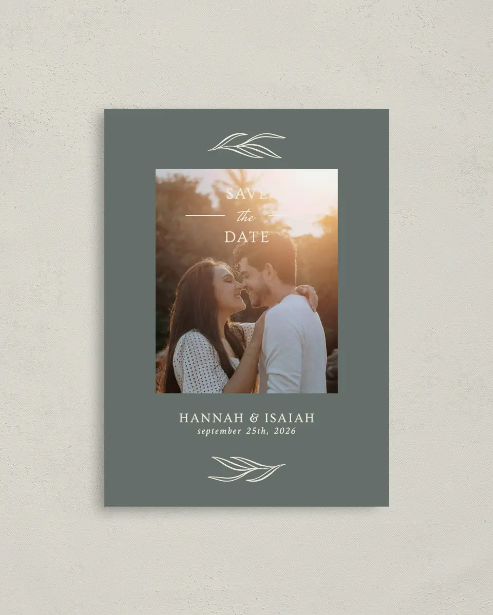 This is a 4" x 5.6" Save the Date Postcard called Whisper Twig printed in full color on Soft Touch Finish paper
