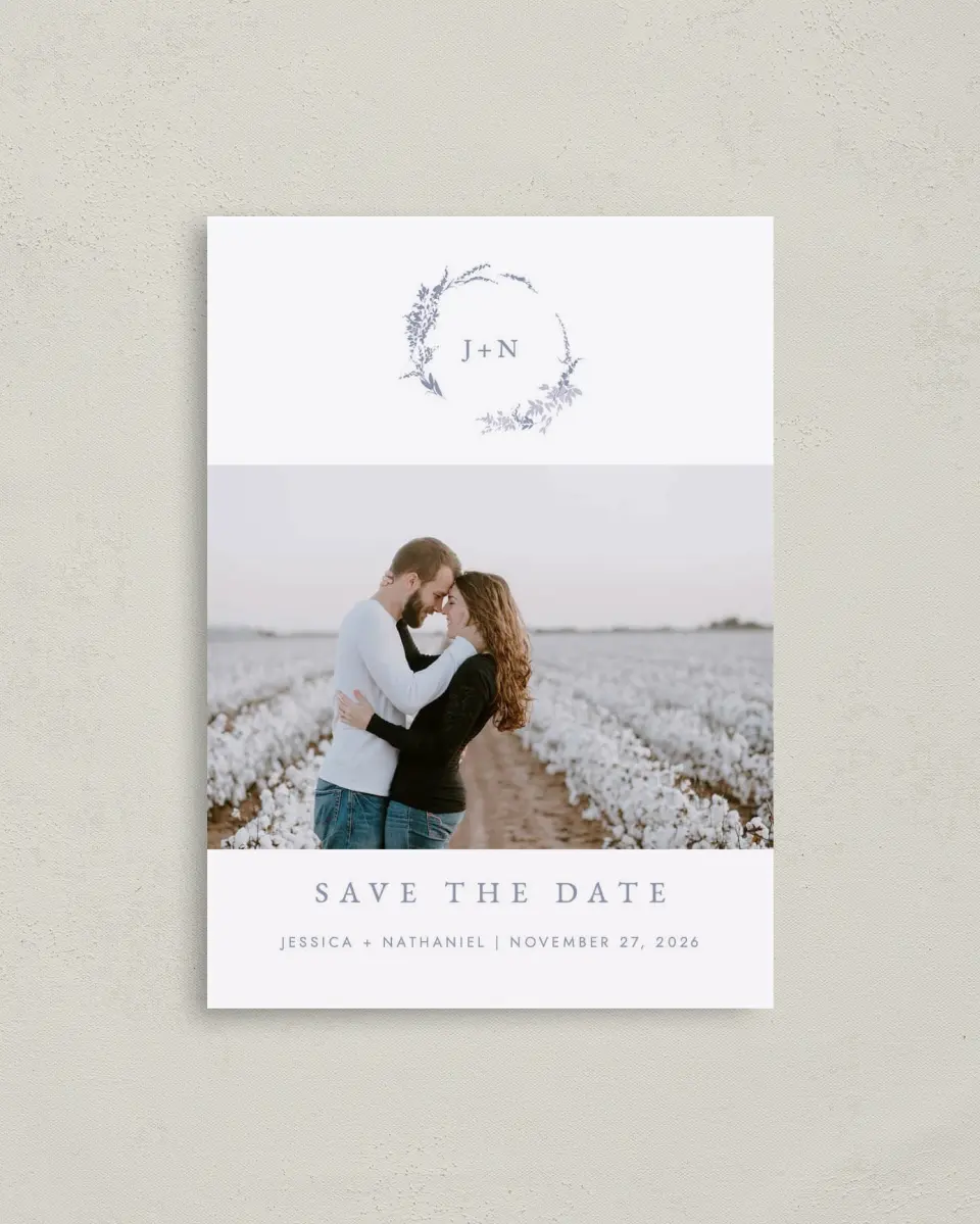 This is a 4" x 5.6" Save the Date Postcard called Dainty Wreath printed in full color on Soft Touch Finish paper