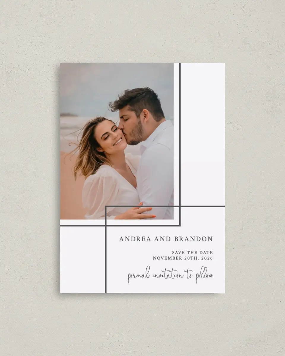This is a 4" x 5.6" Save the Date Postcard called Joined Lines printed in full color on Soft Touch Finish paper