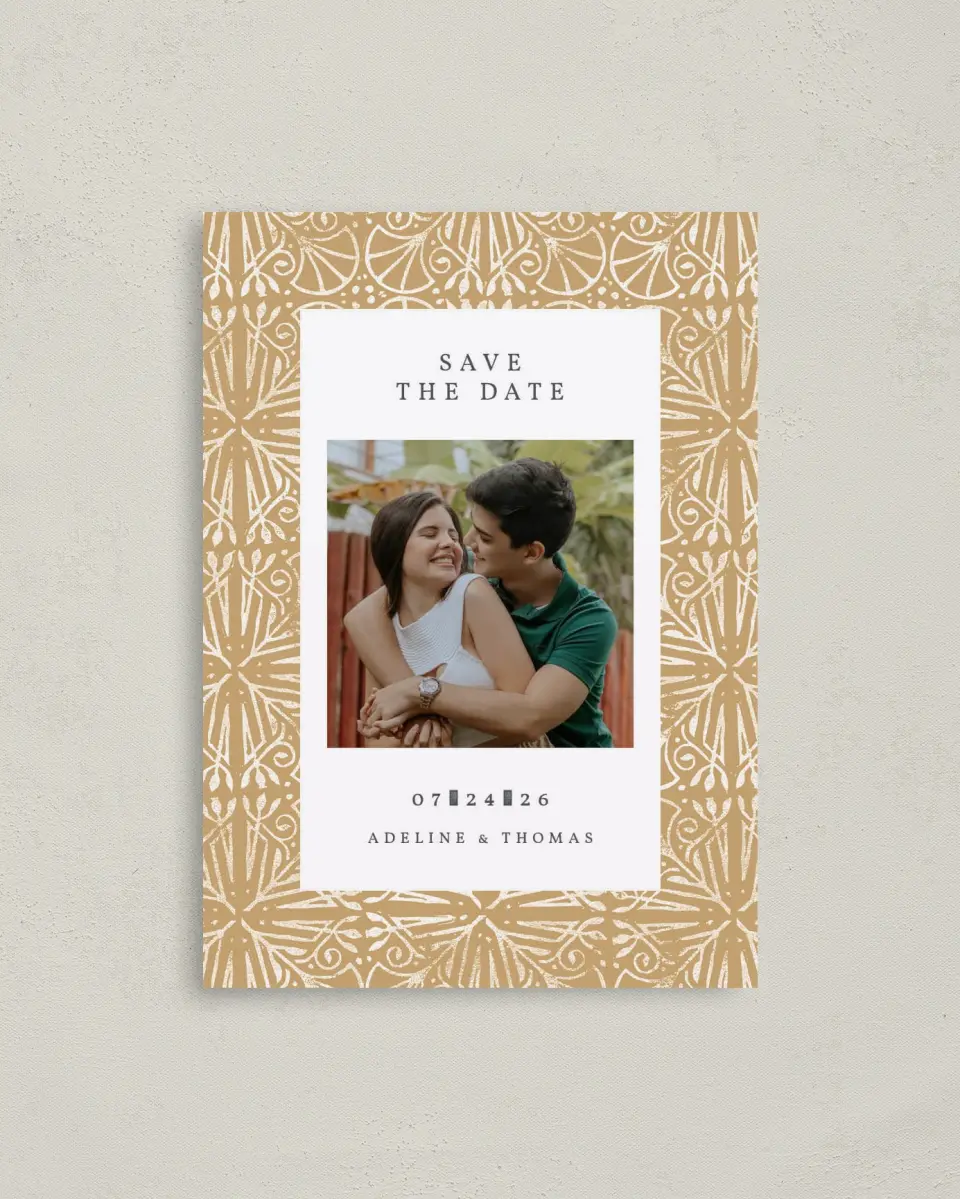 This is a 4" x 5.6" Save the Date Postcard called Decorated Luxury printed in full color on Soft Touch Finish paper