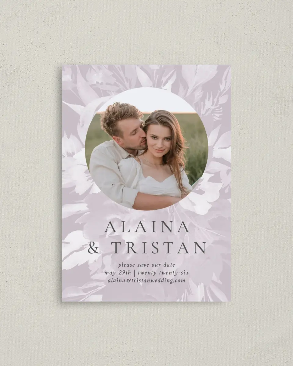This is a 4" x 5.6" Save the Date Postcard called Floral Burst printed in full color on Soft Touch Finish paper