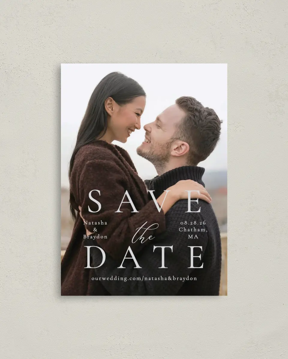 This is a 4" x 5.6" Save the Date Postcard called Timeless Order printed in full color on Soft Touch Finish paper