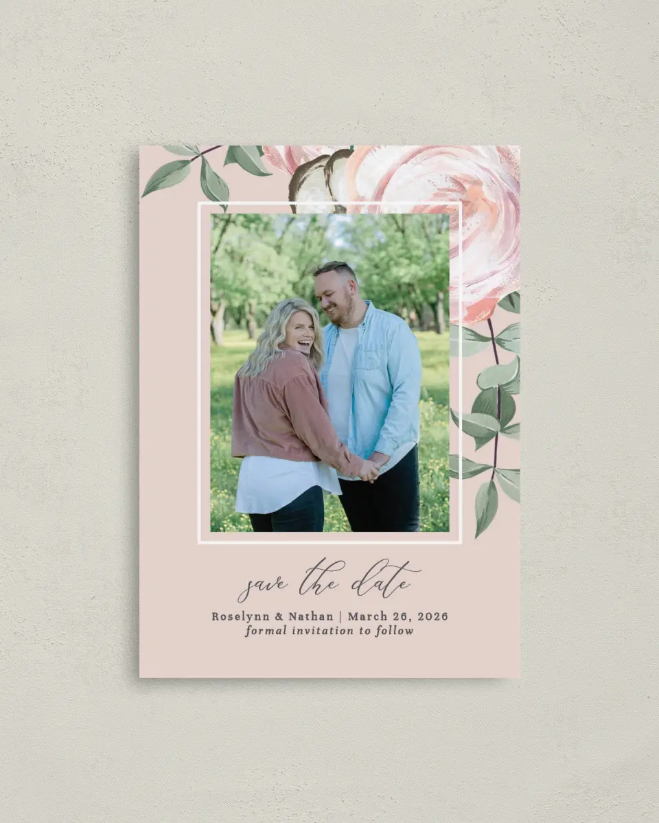 This is a 4" x 5.6" Save the Date Postcard called Soft Rose printed in full color on Soft Touch Finish paper