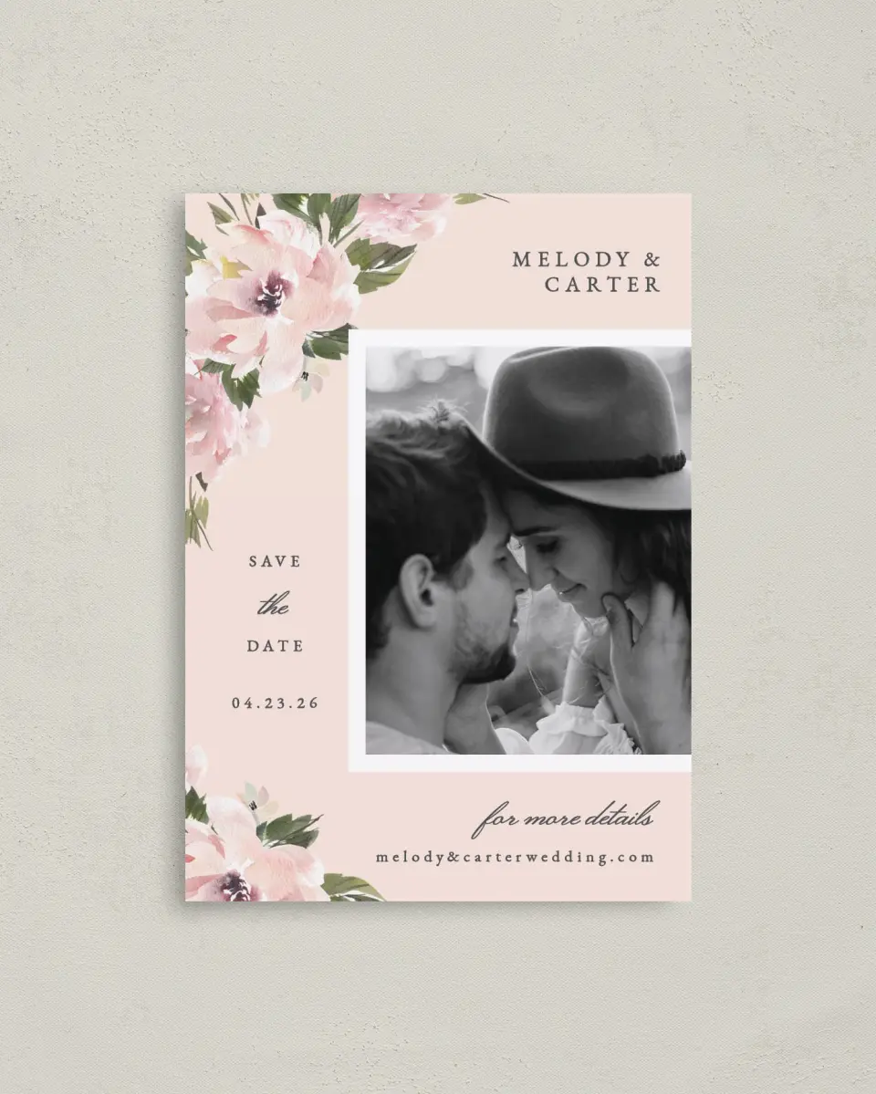 This is a 4" x 5.6" Save the Date Postcard called Sweet Floral printed in full color on Soft Touch Finish paper