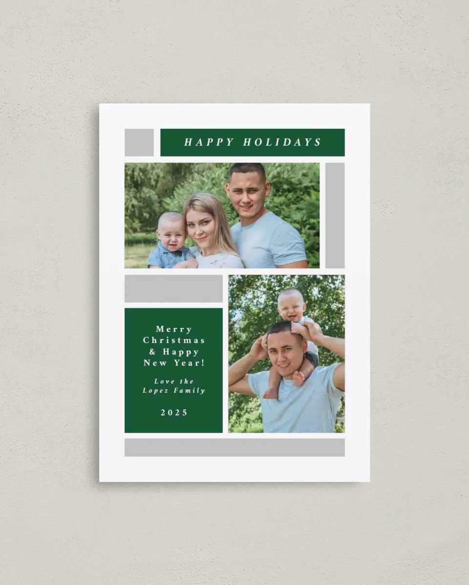 This is a 4" x 5.6" Christmas Card called Holiday Boxes printed in full color on Premium Smooth paper